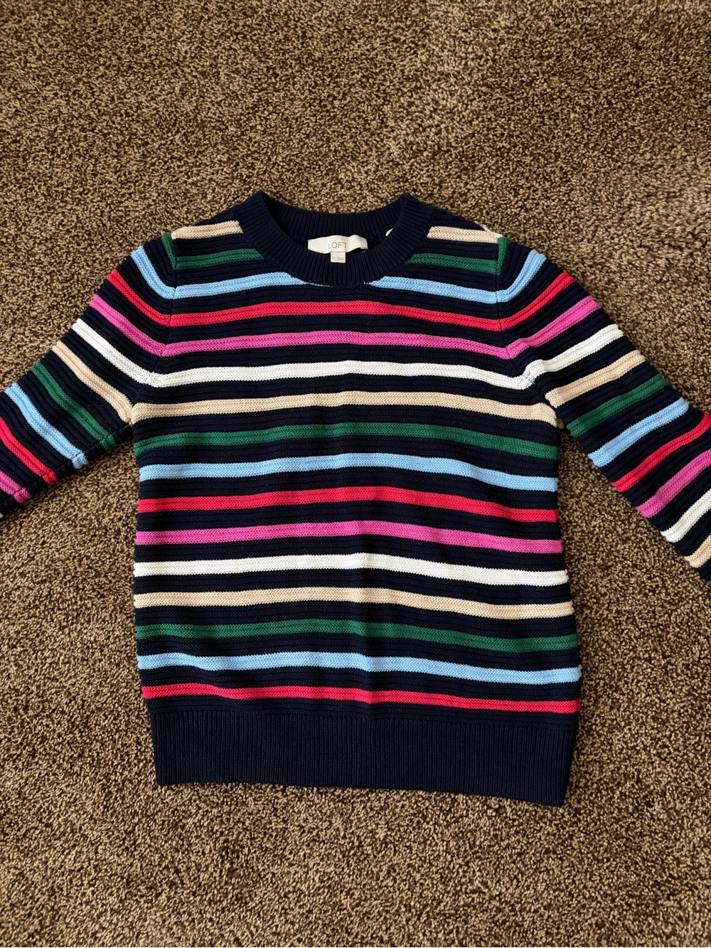 LOFT Navy Striped Crewneck Sweater with Bright Multicolor Stripes
